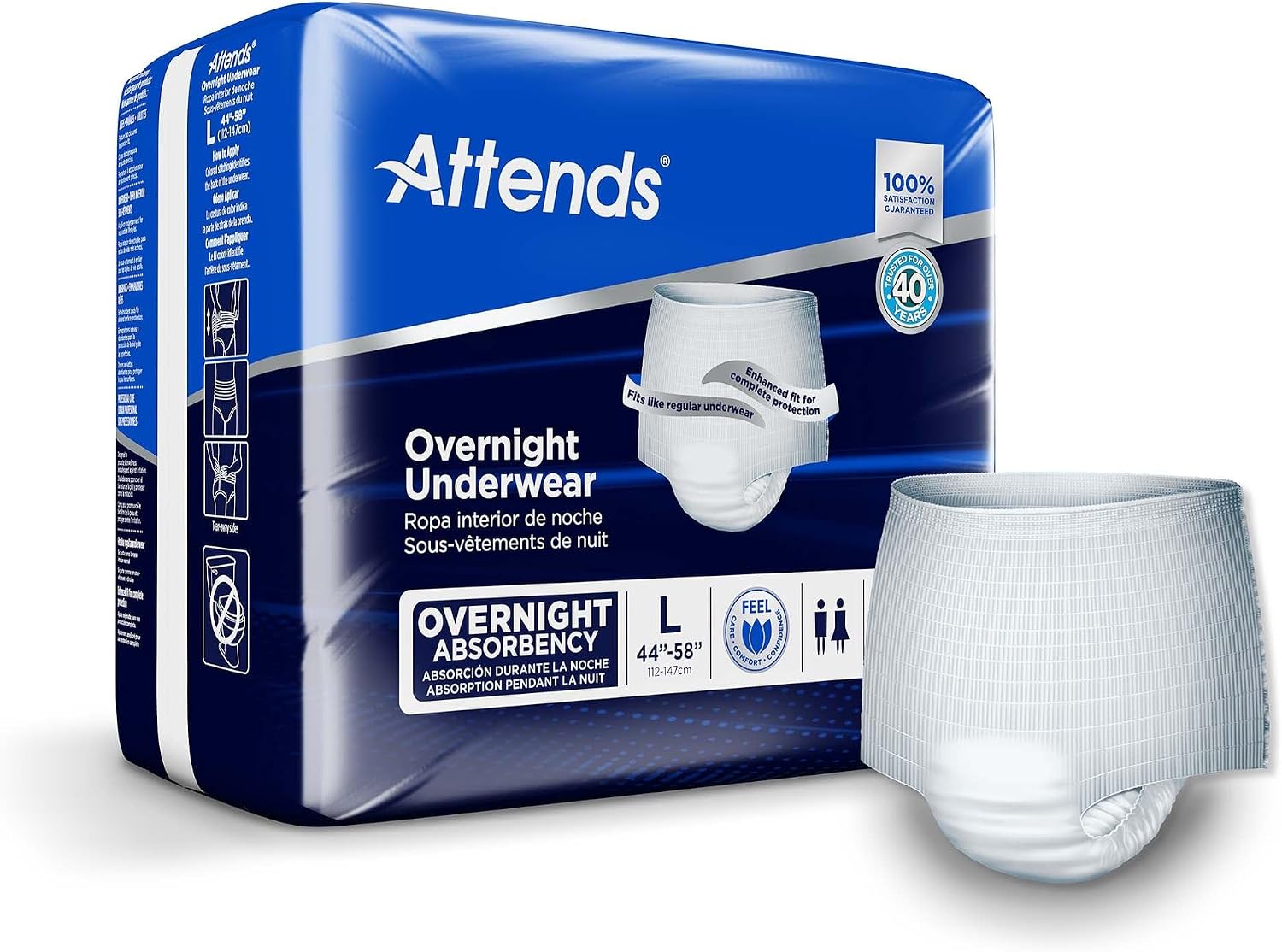 Attends Overnight Underwear for Adult Incontinence Care with ConfidenceCuff™ Protection, Overnight Absorbency, Unisex, X-Large, 12 Count (x4) | Unisex