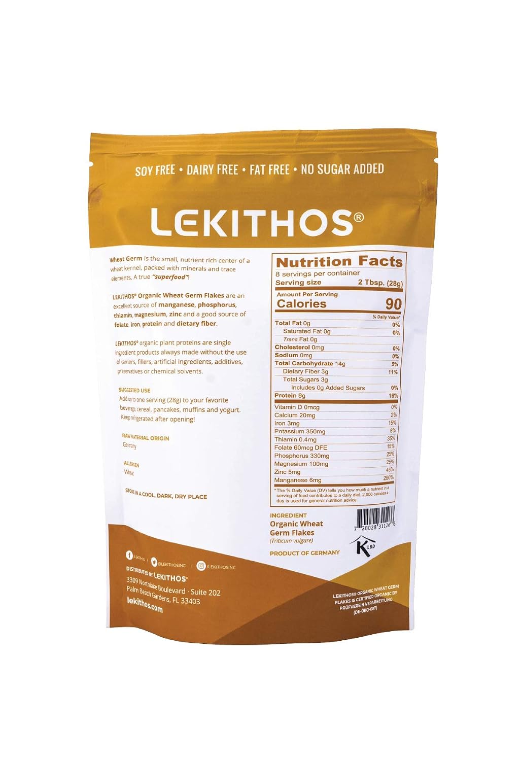 Lekithos Organic Wheat Germ Protein 8oz, USDA Organic Plant-Based Superfood, 8g Protein, European Quality Flakes