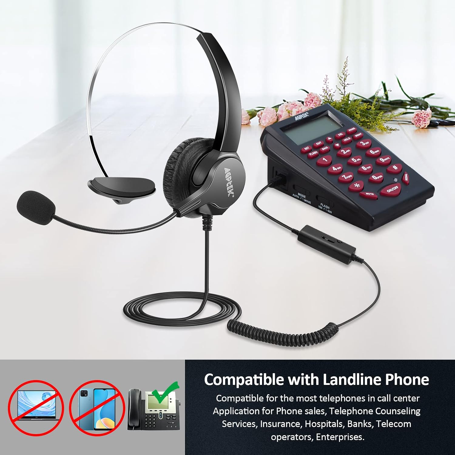 AGPTEK® Hands-Free Call Center Noise Cancelling Corded Headset | with Microphone, Monaural Headset Headphone for Desk Telephone, with 4-Pin RJ9 Crystal Head