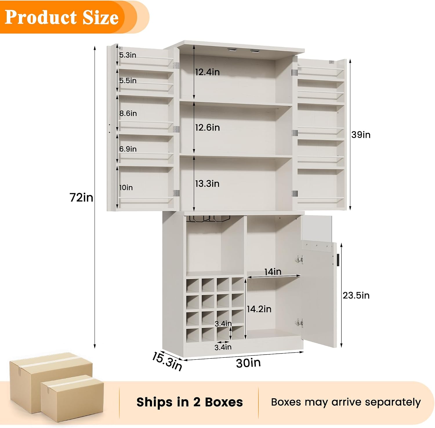 kepptory 47” Pantry Cabinet, Kitchen Pantry Storage Cabinet with Doors and Adjustable Shelves,Freestanding Buffet Cupboards Sideboard for Living Room and Dinning Room (White)