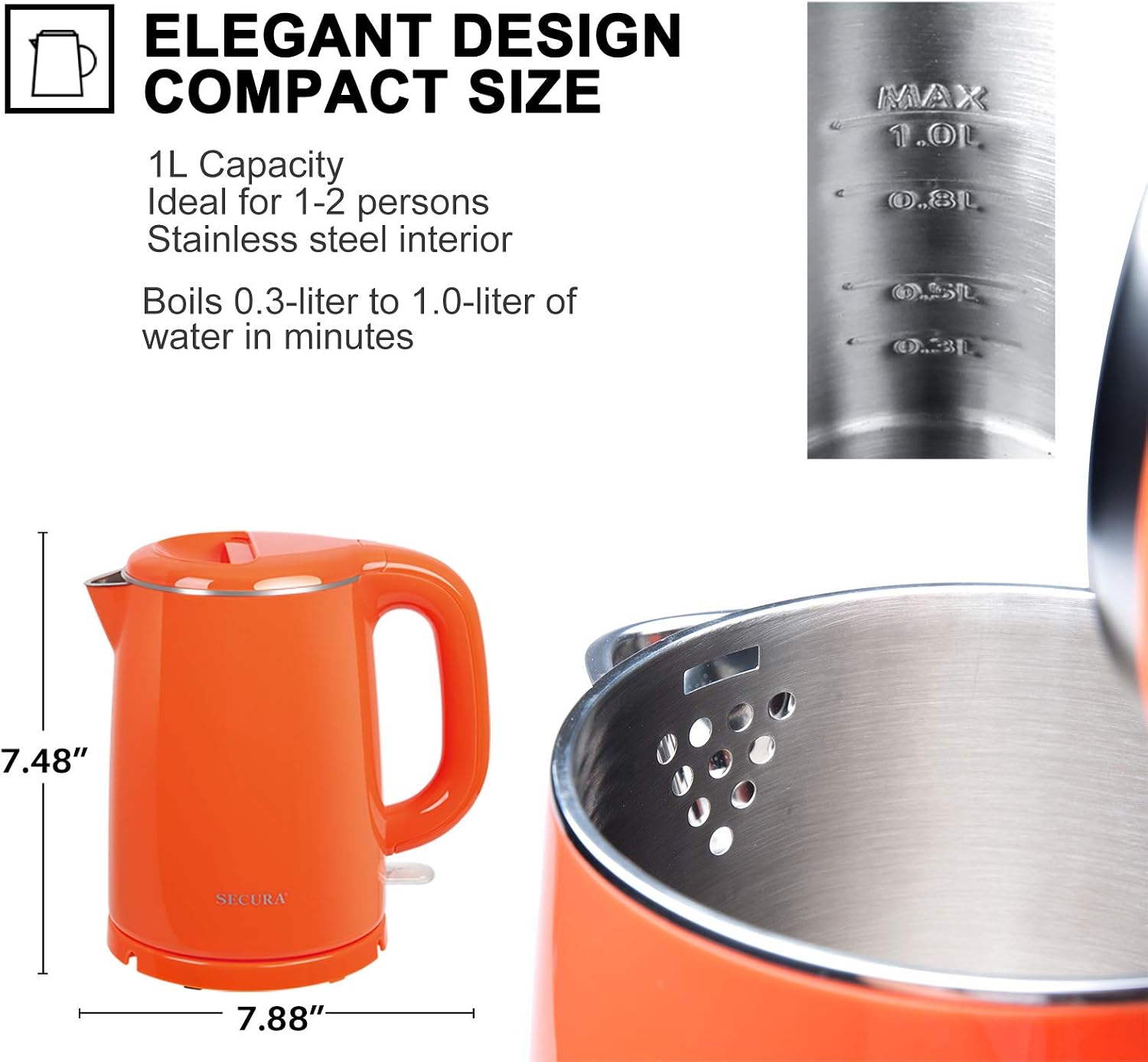 Secura Stainless Steel Double Wall Electric Kettle Water Heater for Tea Coffee w/Auto Shut-Off and Boil-Dry Protection, 1.0L (Orange) SWK-1001DO/HB-K012