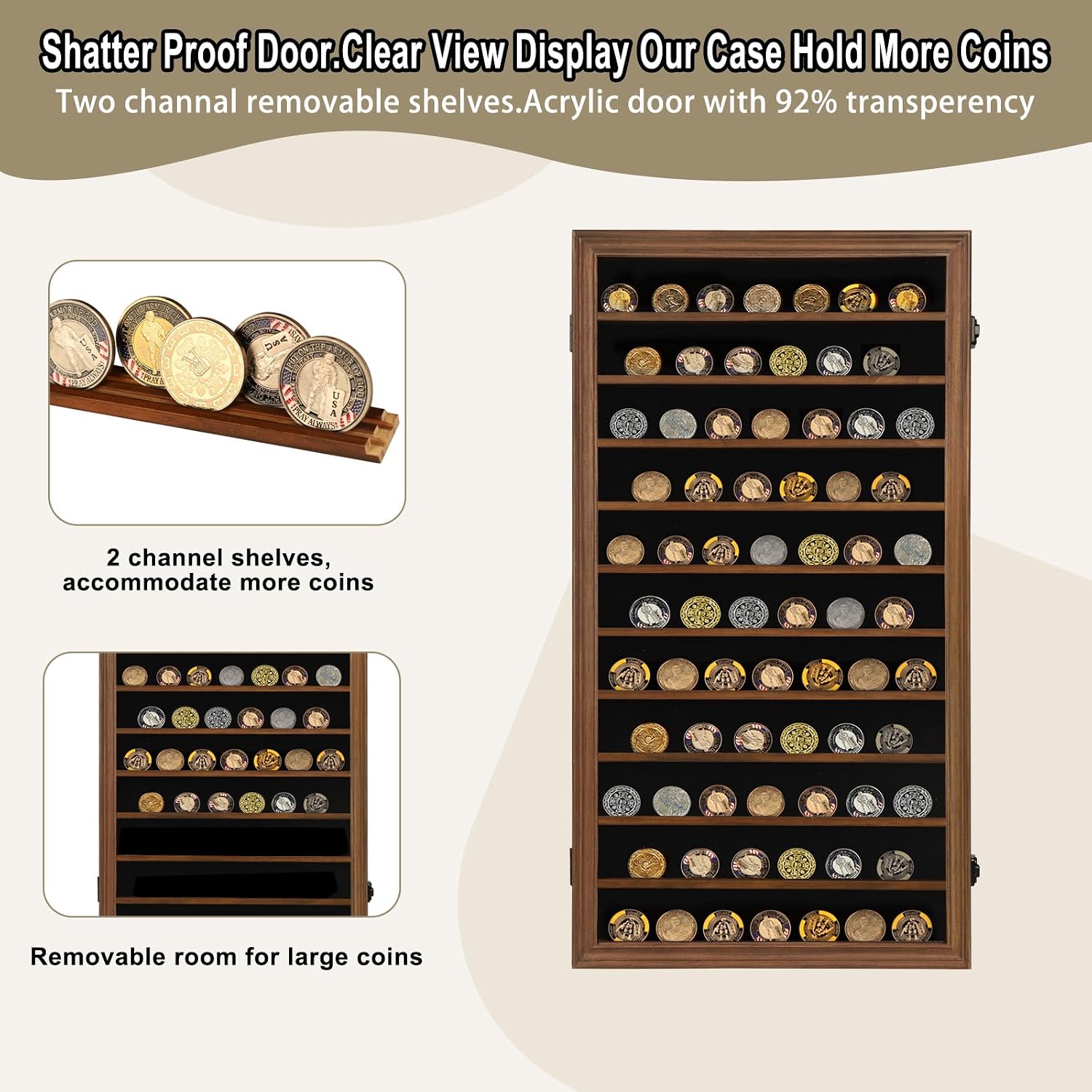 Jinchuan Military Challenge Coin Display Case Lockable Cabinet Rack Holder Shadow Box with Removable 2 Grooves Shelves and Anti Dust Door for Casino