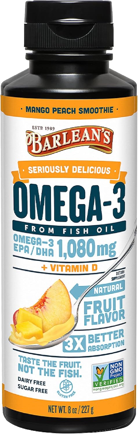 Barlean's Mango Peach Omega-3 Fish Oil, Vitamin D, 1080mg EPA & DHA, 8oz | Wild-caught fish oil plus vitamin D, EPA DHA omega-3, Burpless, Non-GMO, Gluten-free, Heart, brain, bone & immune