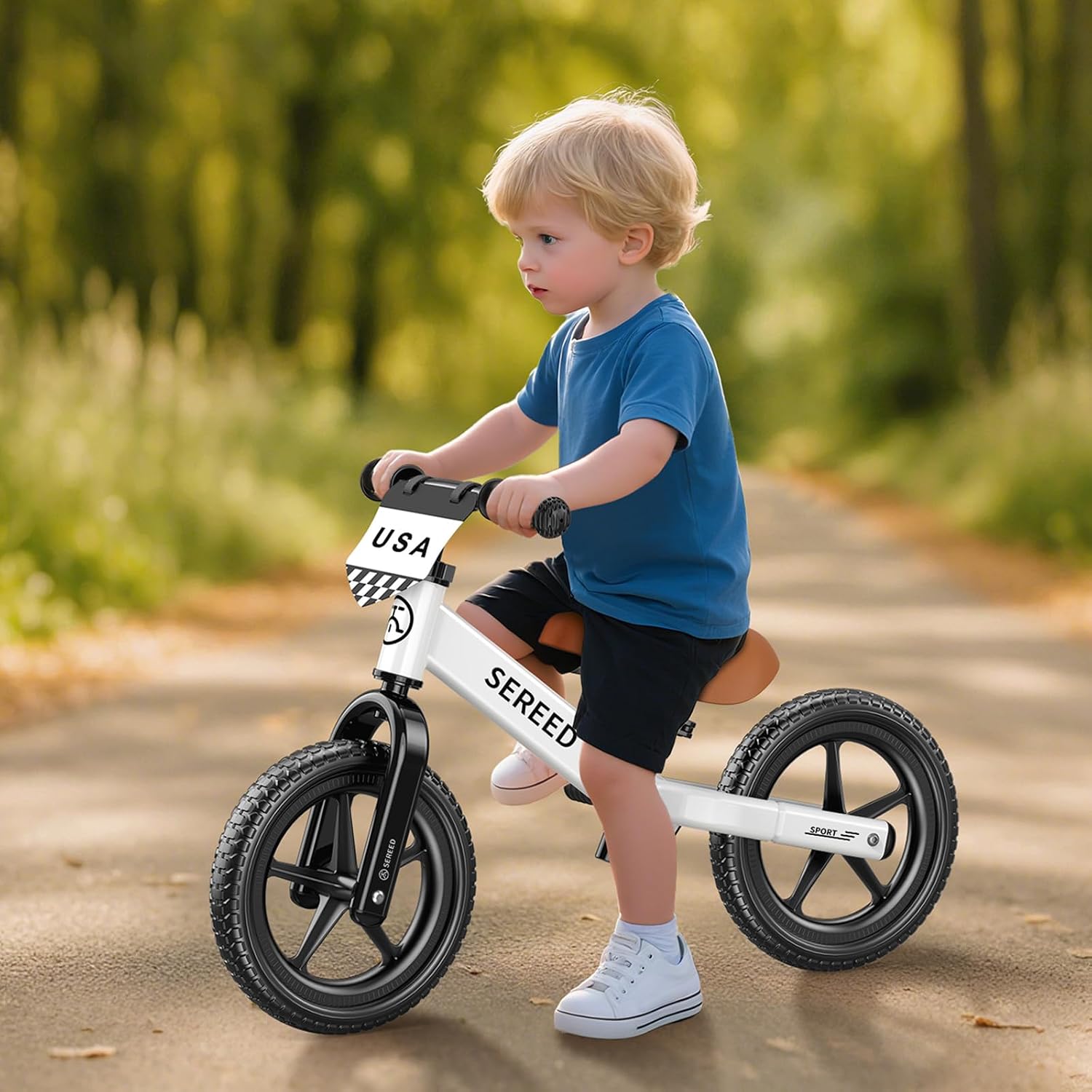 SEREED Toddler Balance Bike 2 Year Old, Gift for 2-3 Boys Girls, Adjustable | No Pedal Kids Toy Bike for 2-5 Years Old, Customize Plate with 3pcs Stickers (White)