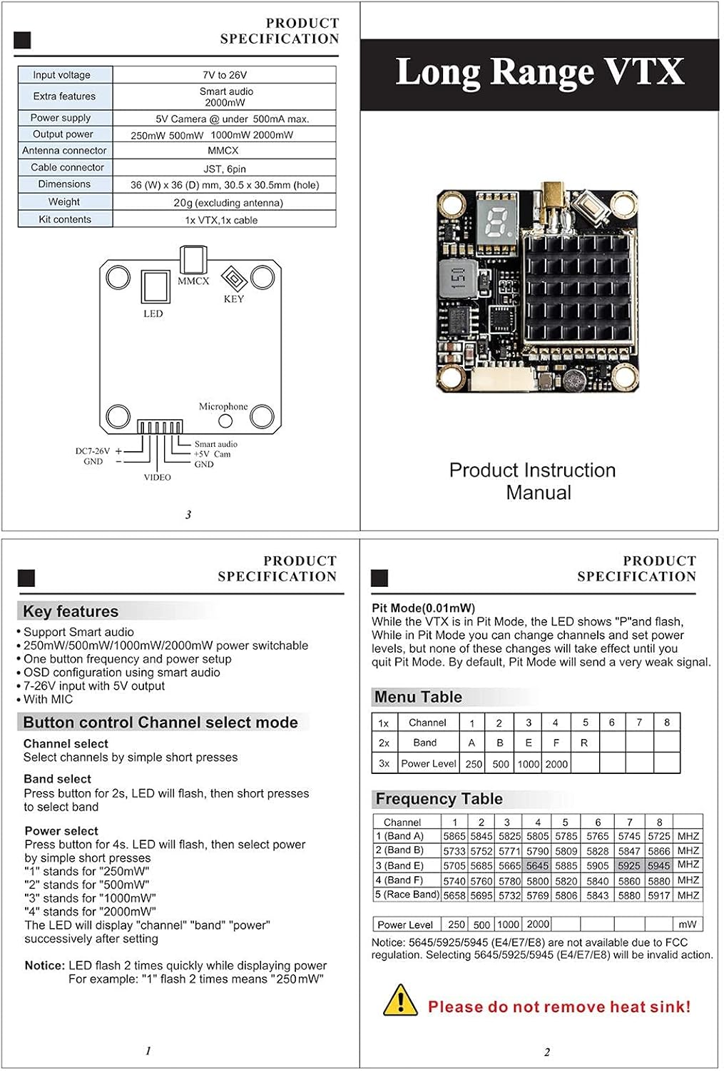 5.8GHz FPV VTX PIT/250/500/1000/2000mW Long Range Switchable Transmitter Support OSD Configuration Using Smart Audio and Microphone with MMCX