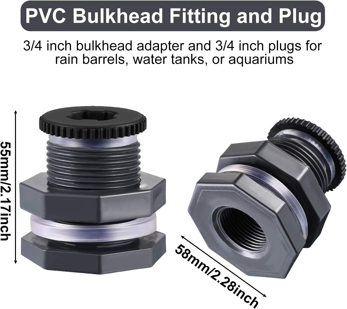 Outus 2pcs 3/4 Inch PVC Bulkhead Fitting with Plug, Silicon Seal Gasket