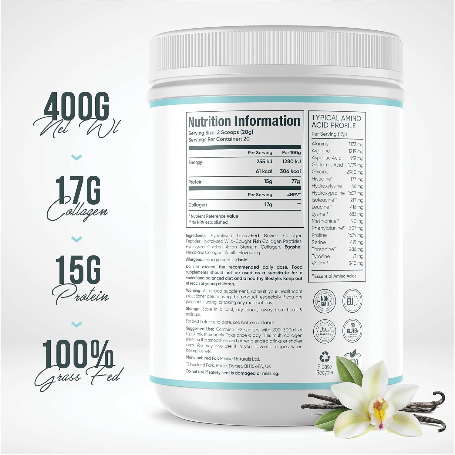 Revive Naturals Multi Collagen Hydrolyzed Protein Powder (16oz) - Types I, II, III, V & X - Grass Fed Bovine, Wild Caught Marine, Free Roaming Chicken & Eggshell Collagen Peptides,