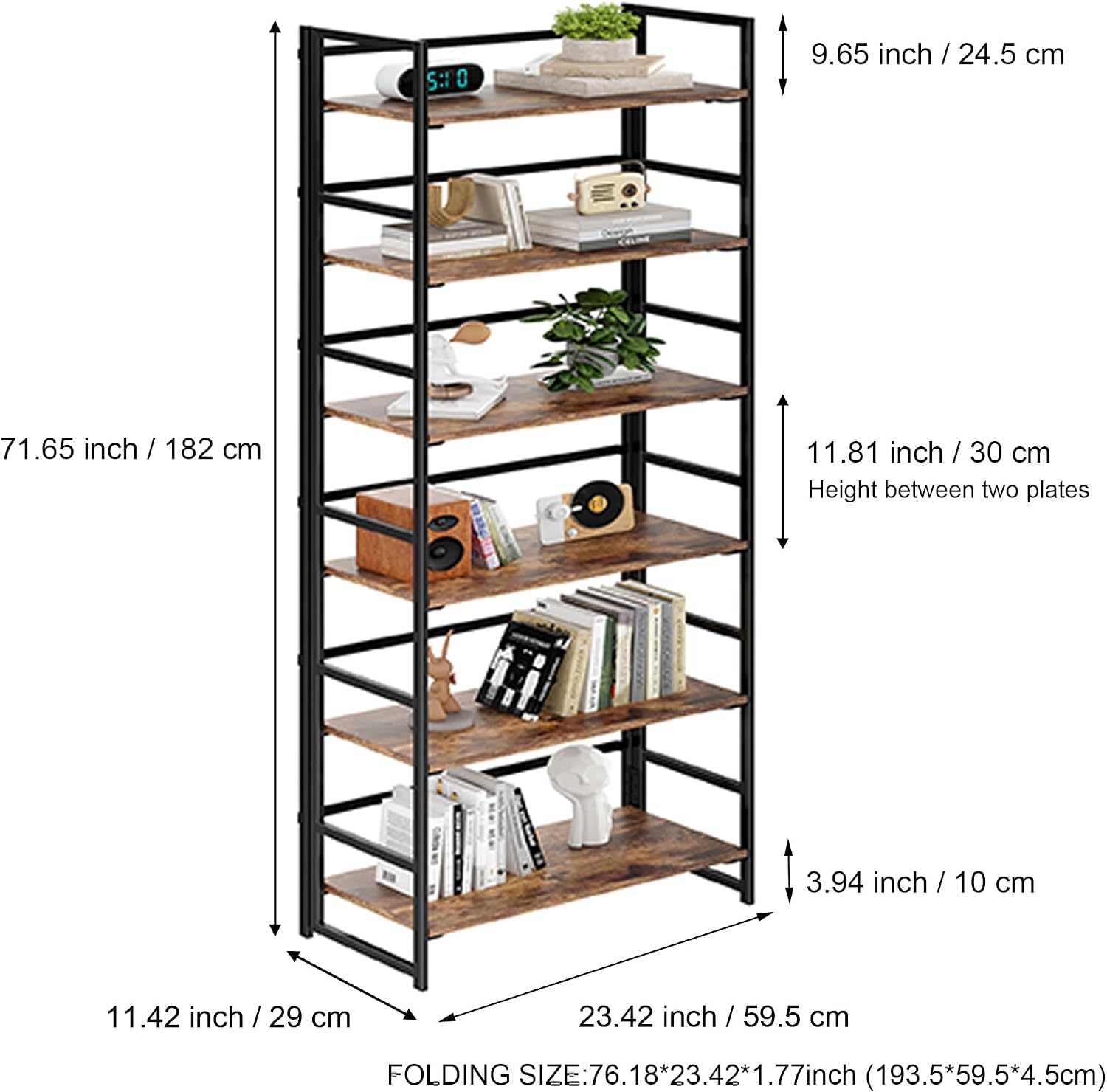 Vintage Multifunctional Folding Bookshelf, No-Assembly Plant Stand Storage Rack Shelves for Home Office (Fire, 5-Tier)