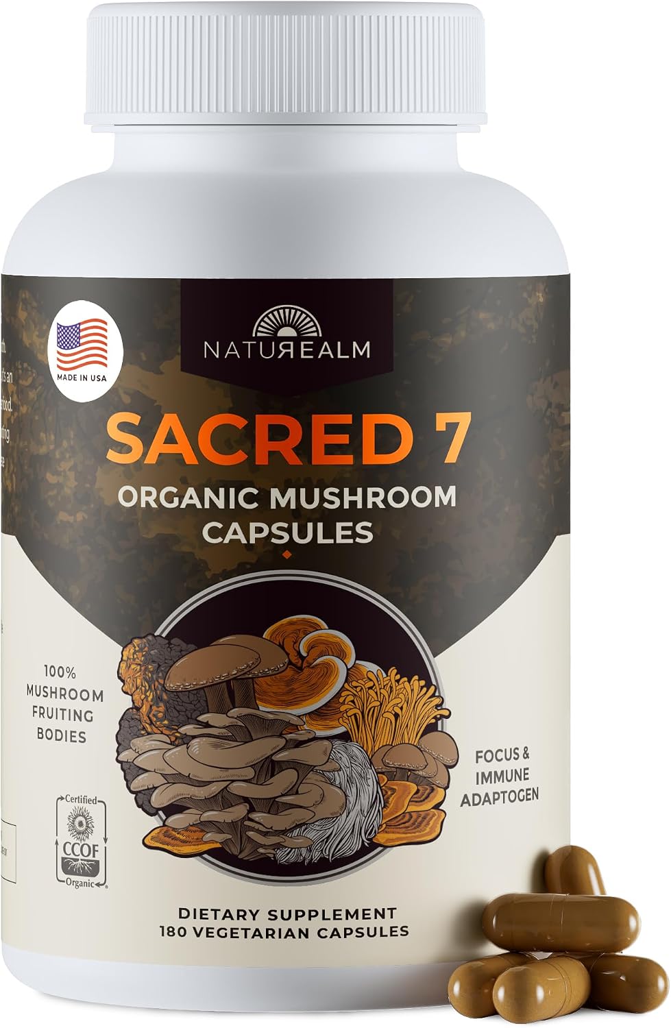 Sacred 7 Brain Mushroom Powder, Organic 7-in-1 Blend 226 Servings | Seven fruiting body extracts, lions mane cordyceps reishi, stirs into coffee or smoothies, 1000 mg scoop