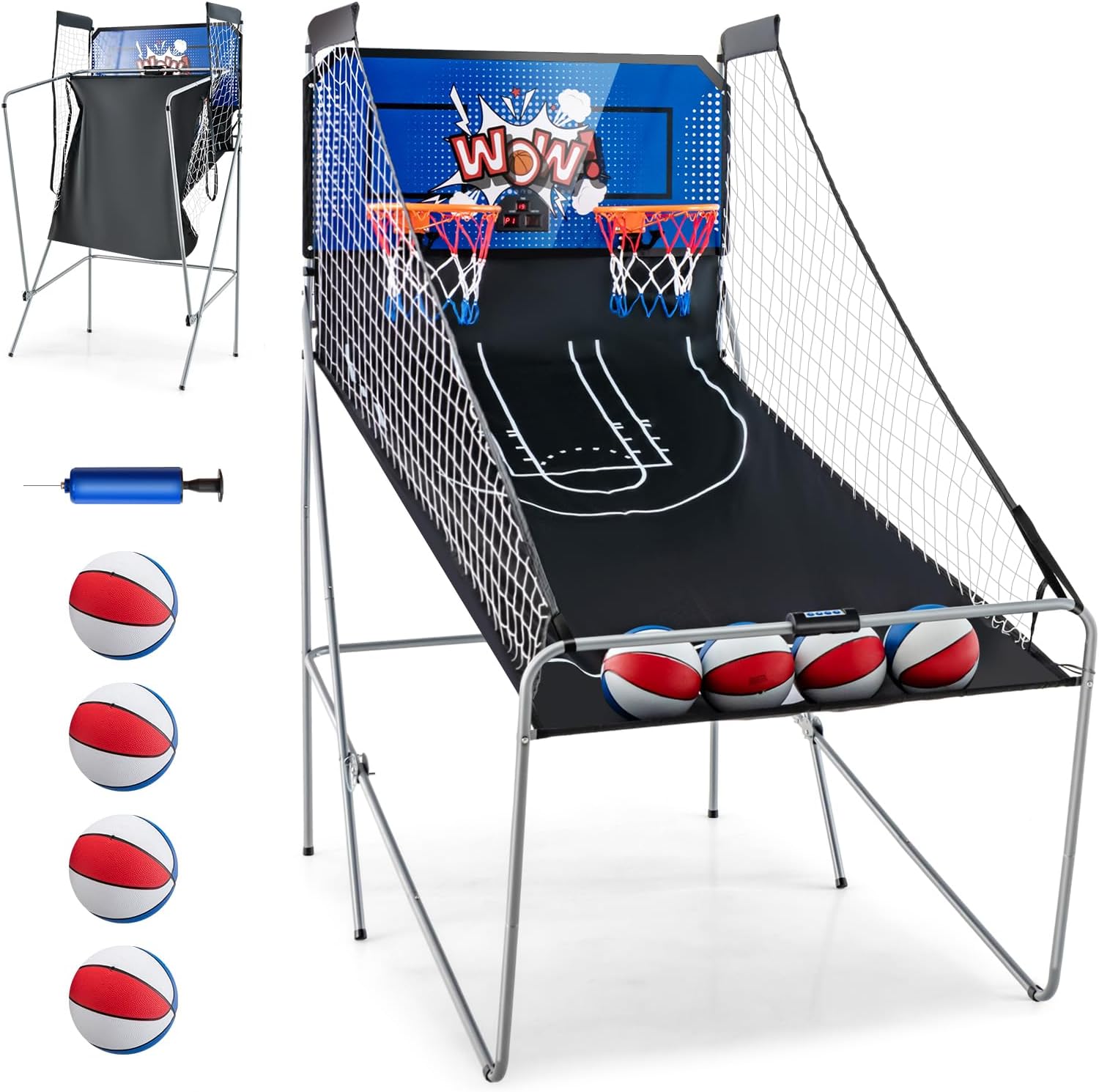 GYMAX Arcade Basketball Game Indoor Foldable with 8 Game Modes, Arcade Sound, 4 Balls and Inflation Pump, Electronic Basketball Games for All Ages Home
