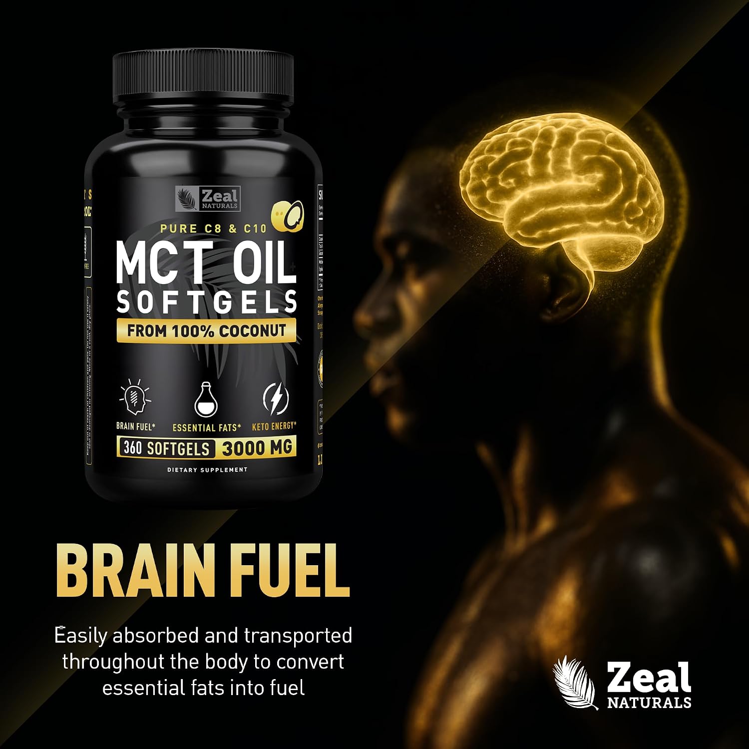 Pure MCT Oil Capsules (360 Softgels | 3000mg) 4 Month Supply Keto Pills w Unrefined Coconut - C10 & C8 Brain Fuel, Energy, Octane Ketosis