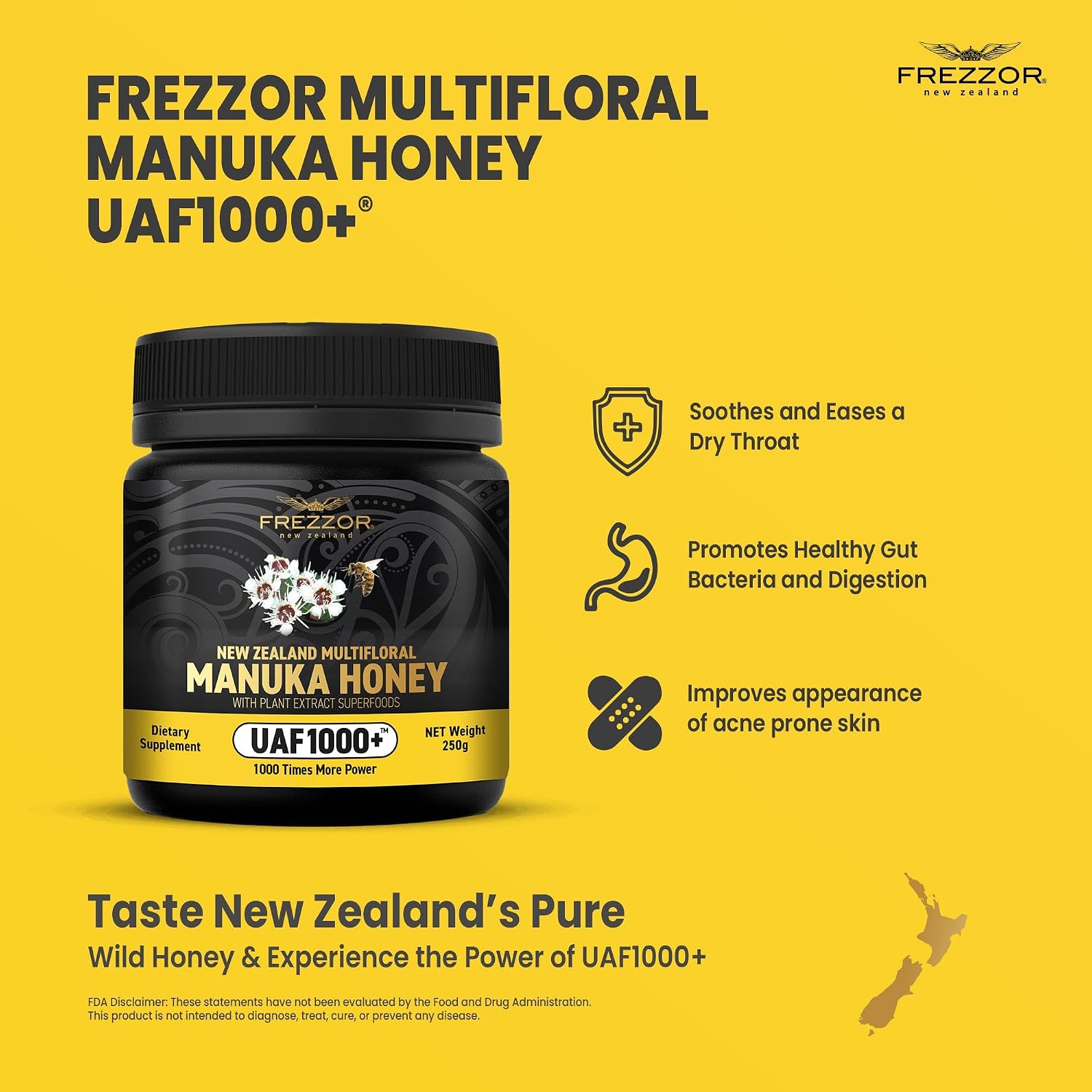 FREZZOR Premium New Zealand Raw Multifloral Manuka Honey with UAF1000+ Super Antioxidant, 230% More Bioactive, Best Support for Everyday Wellness