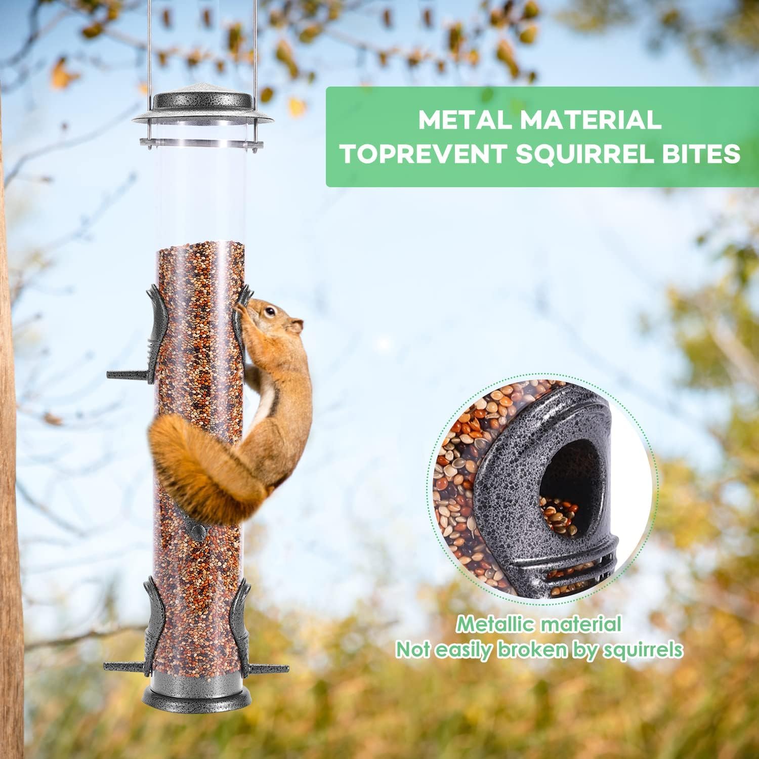 MIXXIDEA 1PK Metal Bird Feeders with 6 Feeding Ports, Tube Bird Feeder with Steel Hanger, Hard Plastic Wild Bird Feeder for Outdoors Hanging