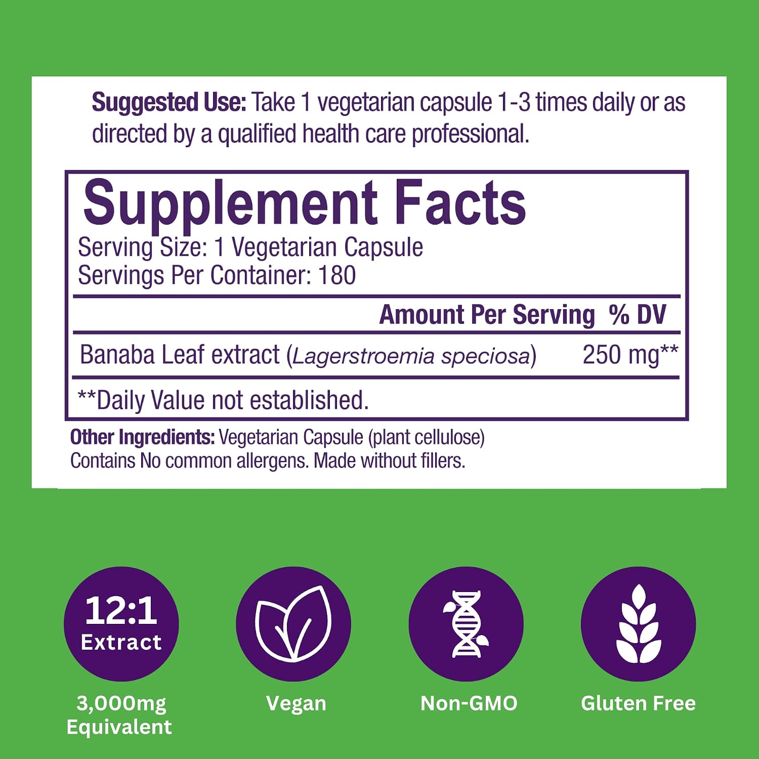 Paradise Herbs & Essentials Banaba Leaf Extract 250 mg, 180 Capsules | 12:1 concentrated formula, vegan, gluten free, non-GMO dietary supplement with a convenient daily serving format