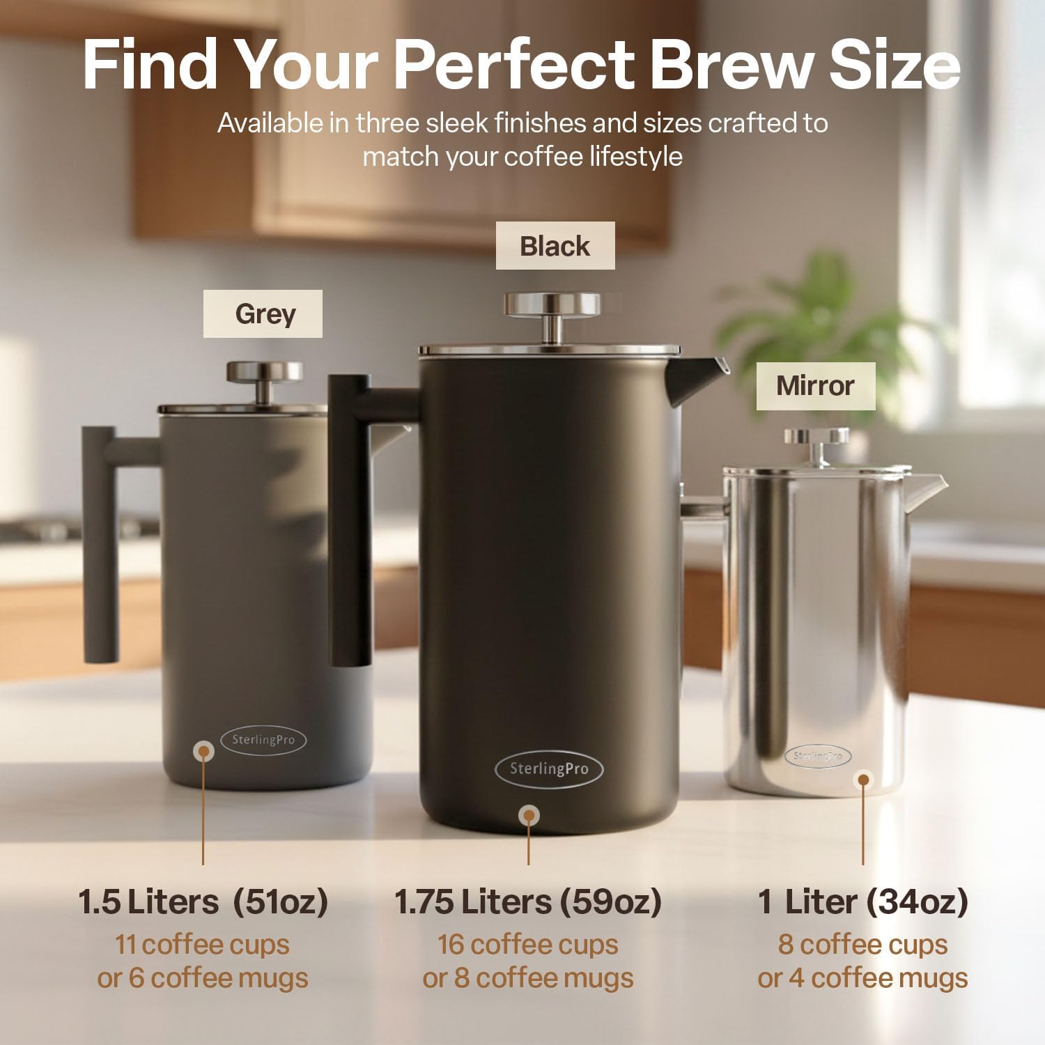 SterlingPro Large Insulated Stainless Steel French Press Coffee Maker 51oz Capacity (44 oz Brew Yield) – Double Wall Metal Coffee Press | Plastic Free | Cool-Touch | Mirror Finish | 12 Cups / 6 Mugs