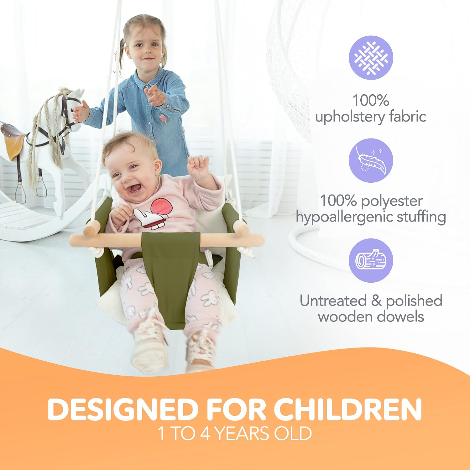 CaTeam Canvas Baby Swing Seat with 5-Point Safety Belt — Wooden Hanging Toddler Swing, Indoor & Outdoor, Ages 1-4, Ceiling Mount Hardware Included