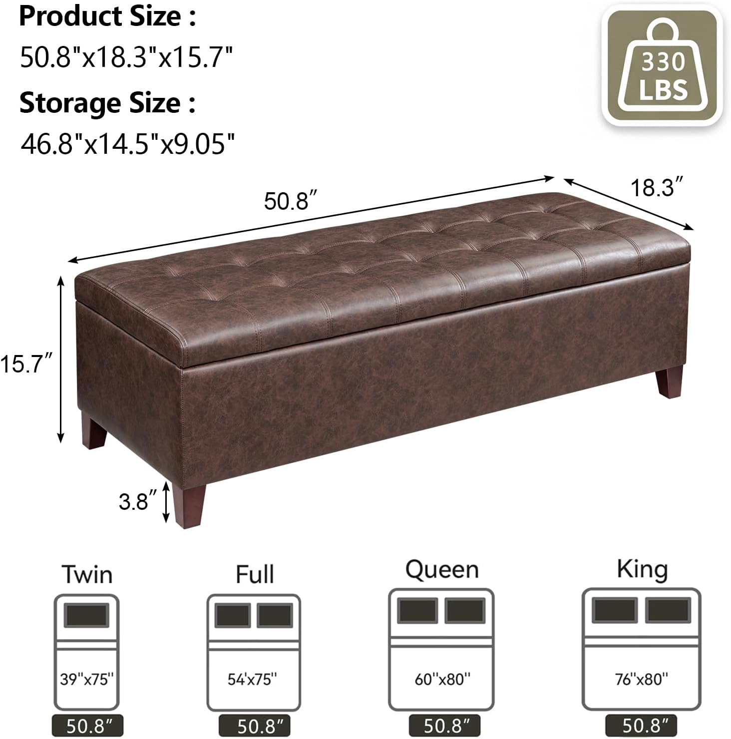 51 Inch Storage Bench,Leather Tufted Storage Ottoman with Legs | Safety Hinges,Wooden Legs,Upholstered,End of Bed,Bedroom,Living Room,Entryway,330LBS,Brown