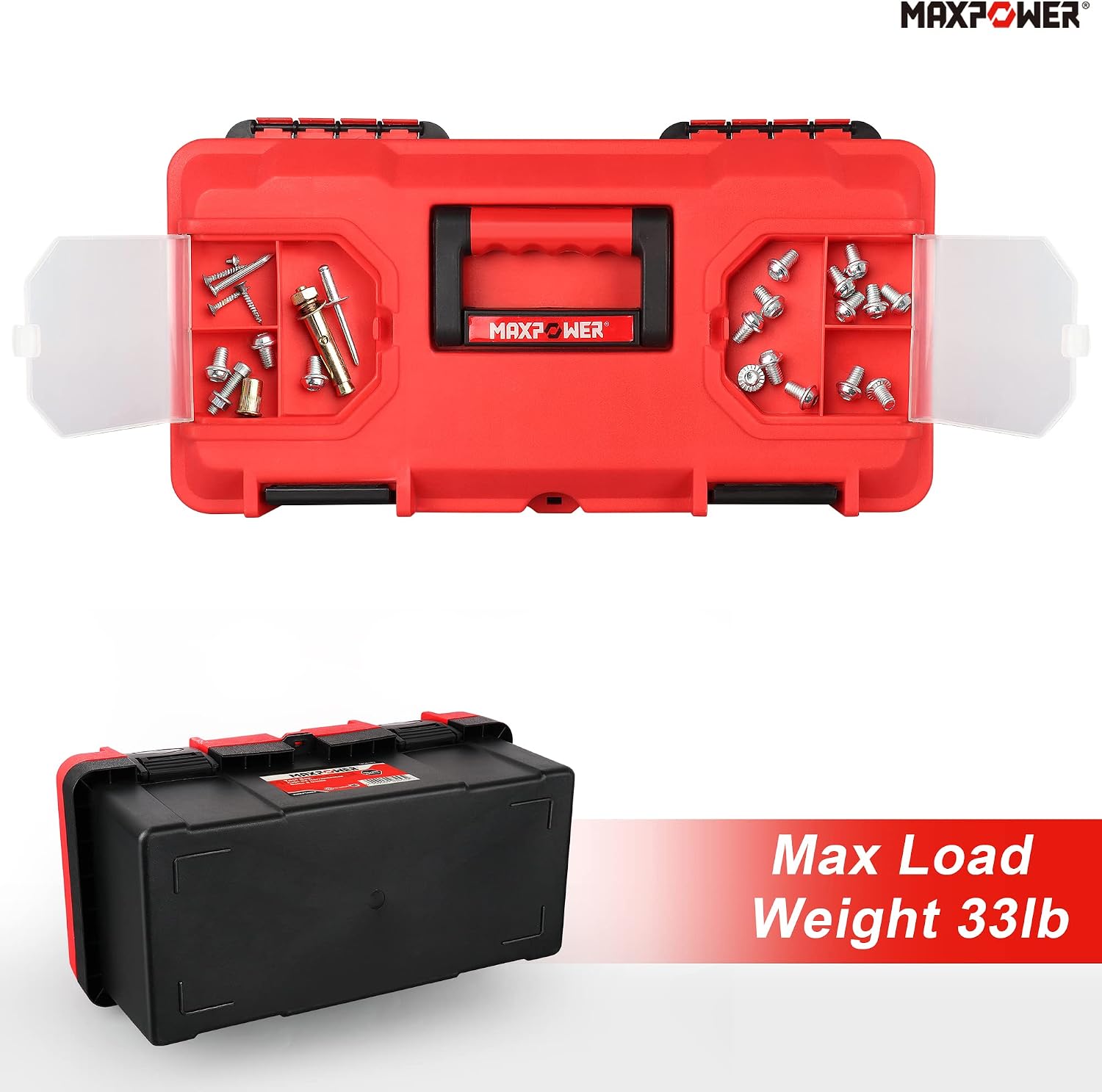 MAXPOWER Small Tool Box, 14-inch Plastic Tool Boxes with Handle | Removable Tray with Dual Lock Secured, Red Toolbox for Home