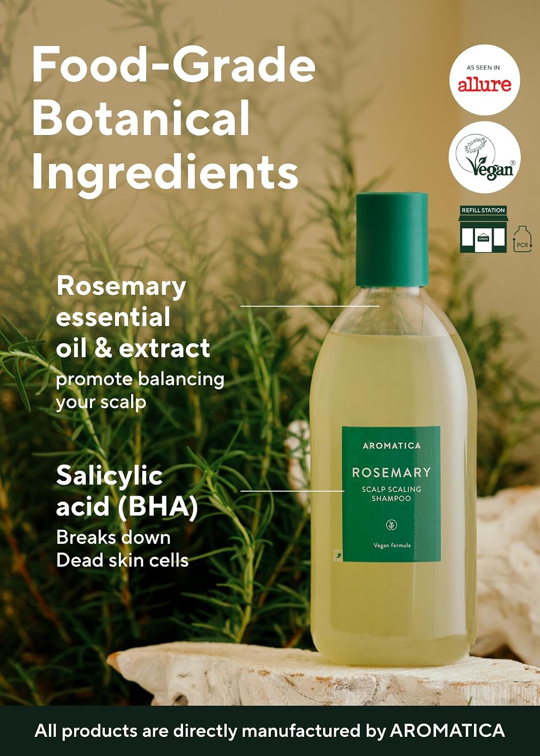 AROMATICA Rosemary Scalp Scaling Shampoo for Hair Growth | Korean Hair Care for Thinning Hair & Hair Loss, Natural Essential Oil, Vegan, Sulfate Silicone Paraben Free (13.53 oz)