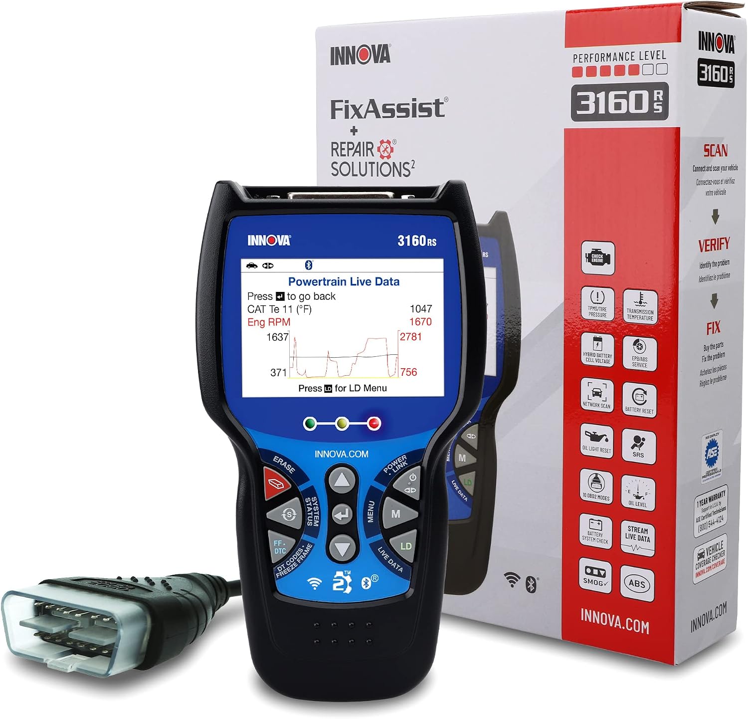 INNOVA 3160RS OBD2 Scanner, ABS Brake Bleeder, ABS SRS Engine Transmission Diagnoses, Clear Trouble Codes, Car Battery Tester & Alternator Tester
