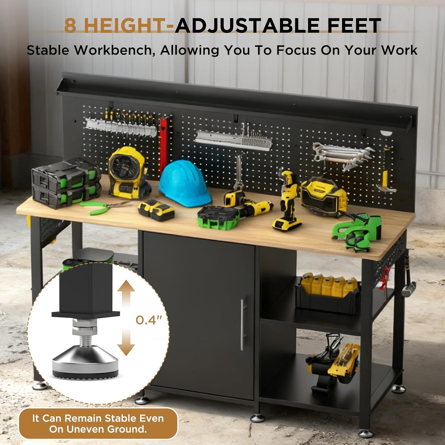 60 Inch Heavy Duty Workbench with Storage Cabinet, Wooden Top, 2000 lbs Capacity, Garage Work Table with Pegboard, Power Outlet, Leveling Feet, Black