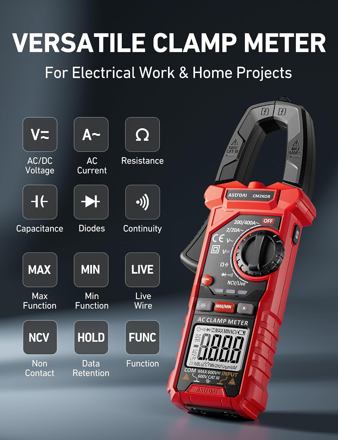AstroAI Digital Clamp Meter Multimeter 2000 Counts Amp Voltage Tester Auto-ranging with AC/DC Voltage, AC Current, Resistance, Capacitance, Continuity