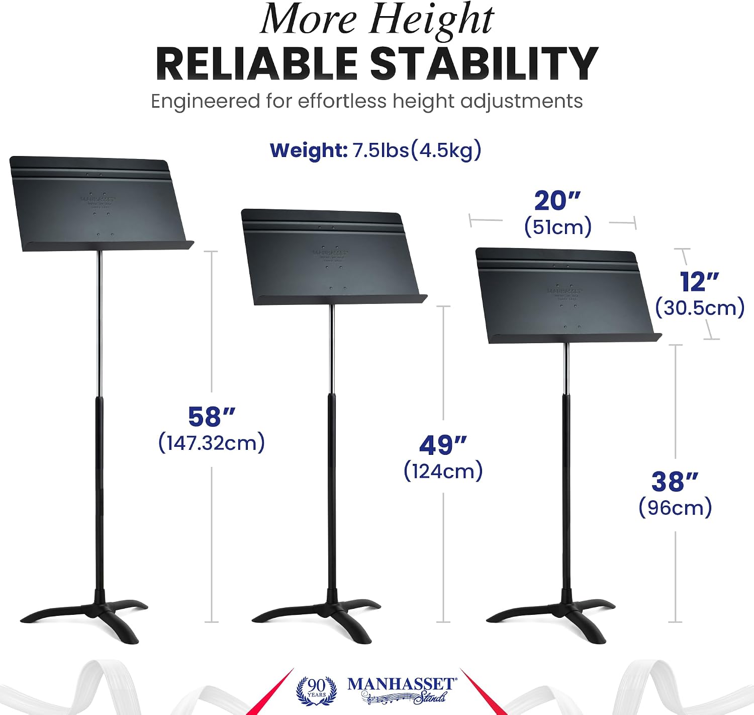 Manhasset 48TA Tall Symphony Music Stand for Sheet Music | Long Lasting Durable Manhasset Stand, Adjustable Height 38" to 58", Made in USA
