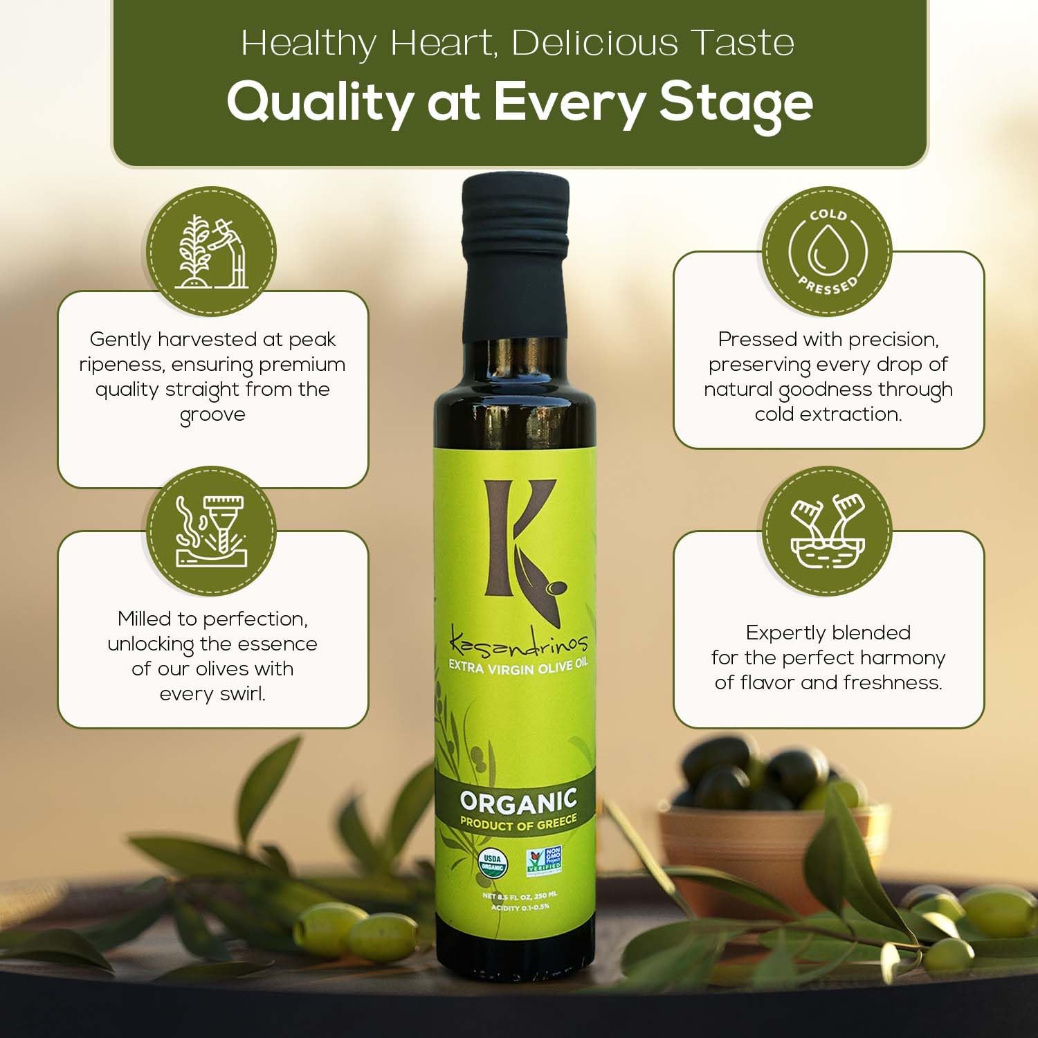 Kasandrinos Organic Olive Oil Extra Virgin, Polyphenol Rich Greek Olive Oil, 100% Organic First Cold Pressed, Mild + Delicate Flavor, Verified by Non GMO, 500 ml / 16.9 oz