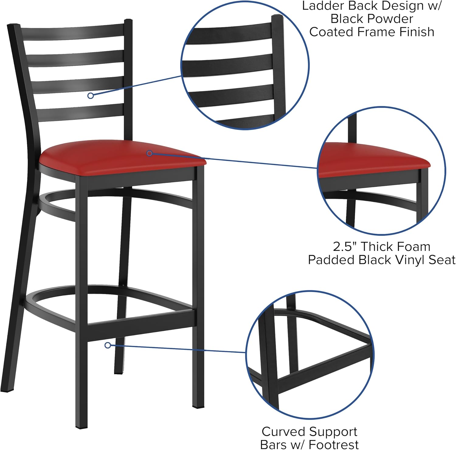 Flash Furniture Hercules Series Ladder Back Metal Restaurant Barstool, Modern Upholstered Armless Bar Height Chair for Restaurants and Kitchens, Black | Vinyl Upholstery, Durable Construction, Commercial Use