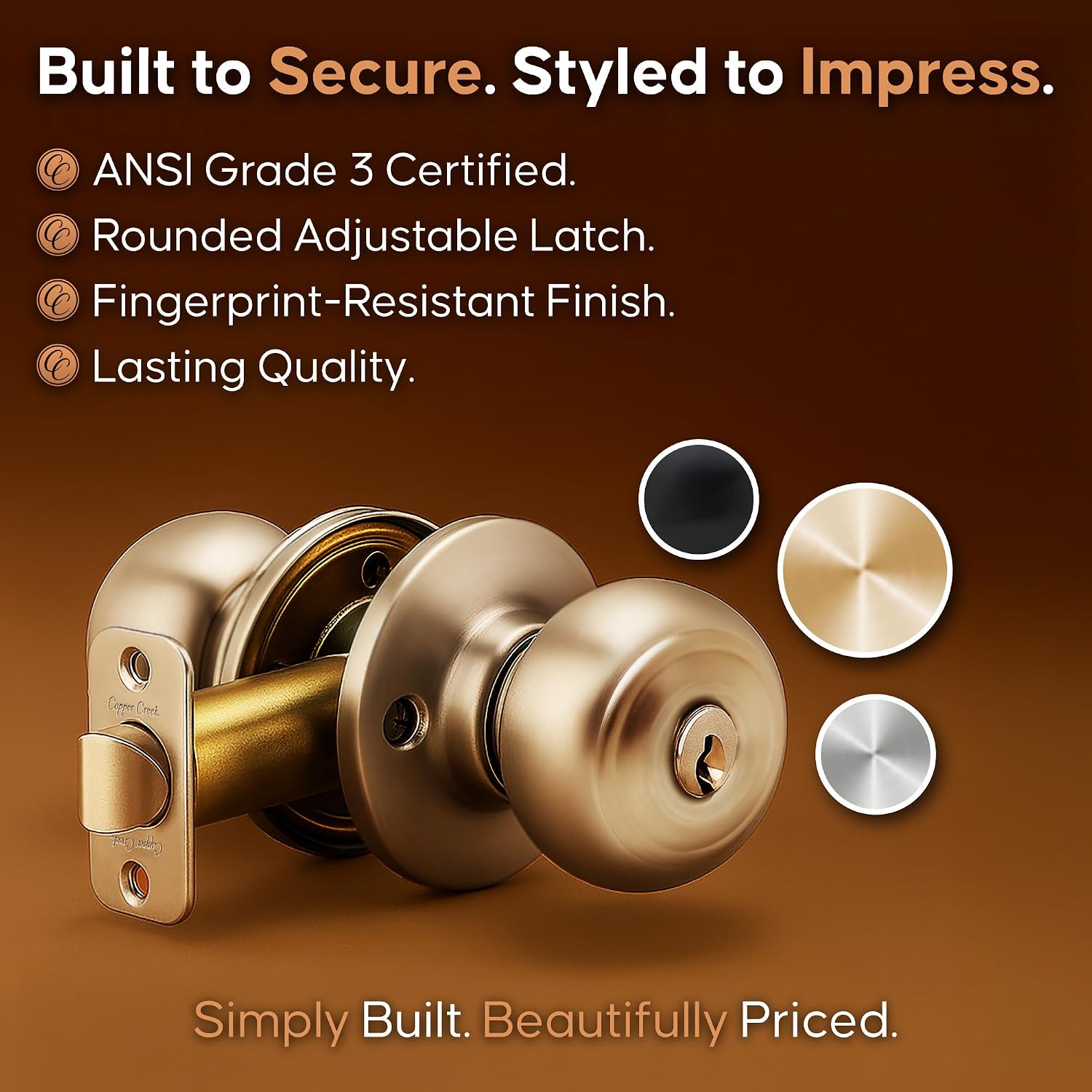 Copper Creek Colonial Privacy Interior Door Knob – ANSI Grade-3 Certified, Modern Heavy Duty Handle, Easy Install and Reversible for Bedroom, Bathroom and Closets – Satin Stainless (1 Pack)