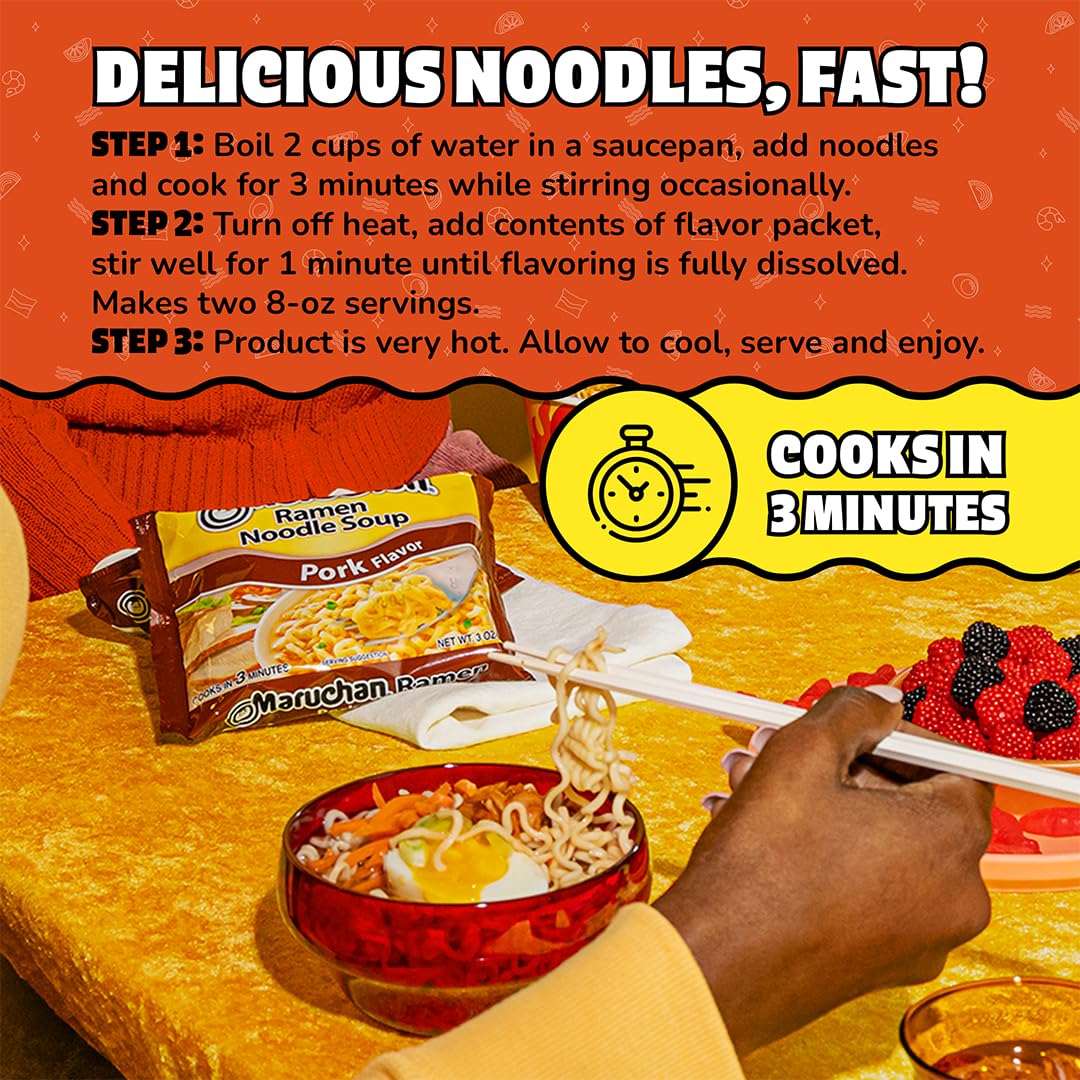 Maruchan Ramen Noodle Soup, Pork Flavor – Japanese-Style Instant Noodles, Quick & Easy Meal for Kids, Students & Busy Families – 3 Oz. (24 Pack)
