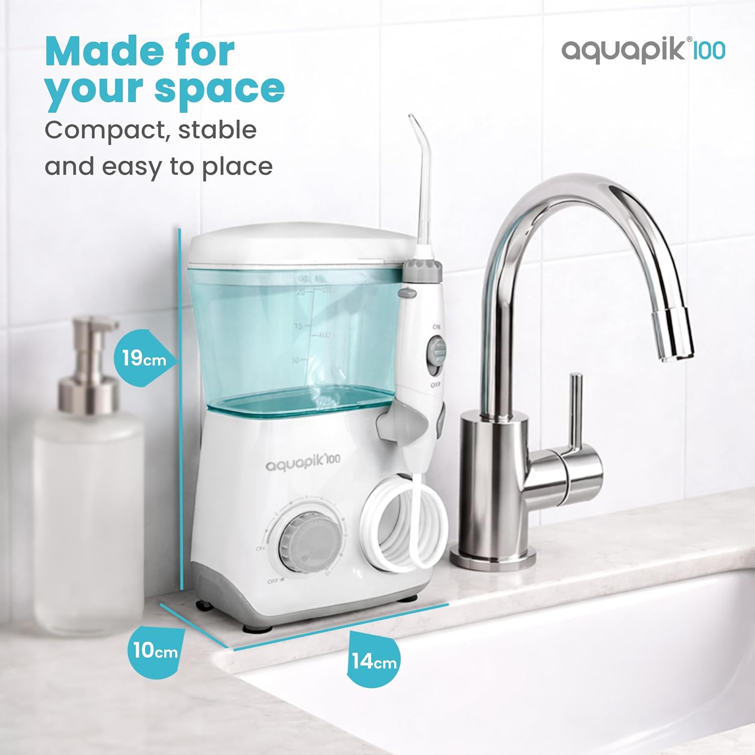Bostontech Aquapik 100 Countertop Water Flosser for Teeth, 600 ml Corded Oral Irrigator with 10 Pressure Levels, 8 Nozzles Including Nasal Tip