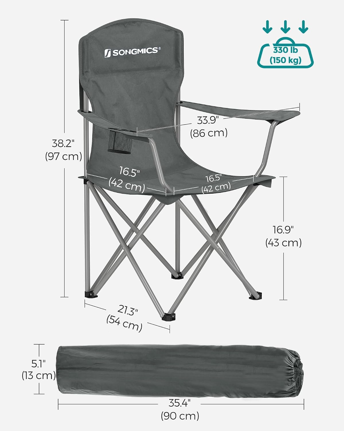 SONGMICS Folding Camping Chair, 450 lb Capacity | Folding lawn chair with cup holder and heavy-duty design, Ink Black, UGCB066B01
