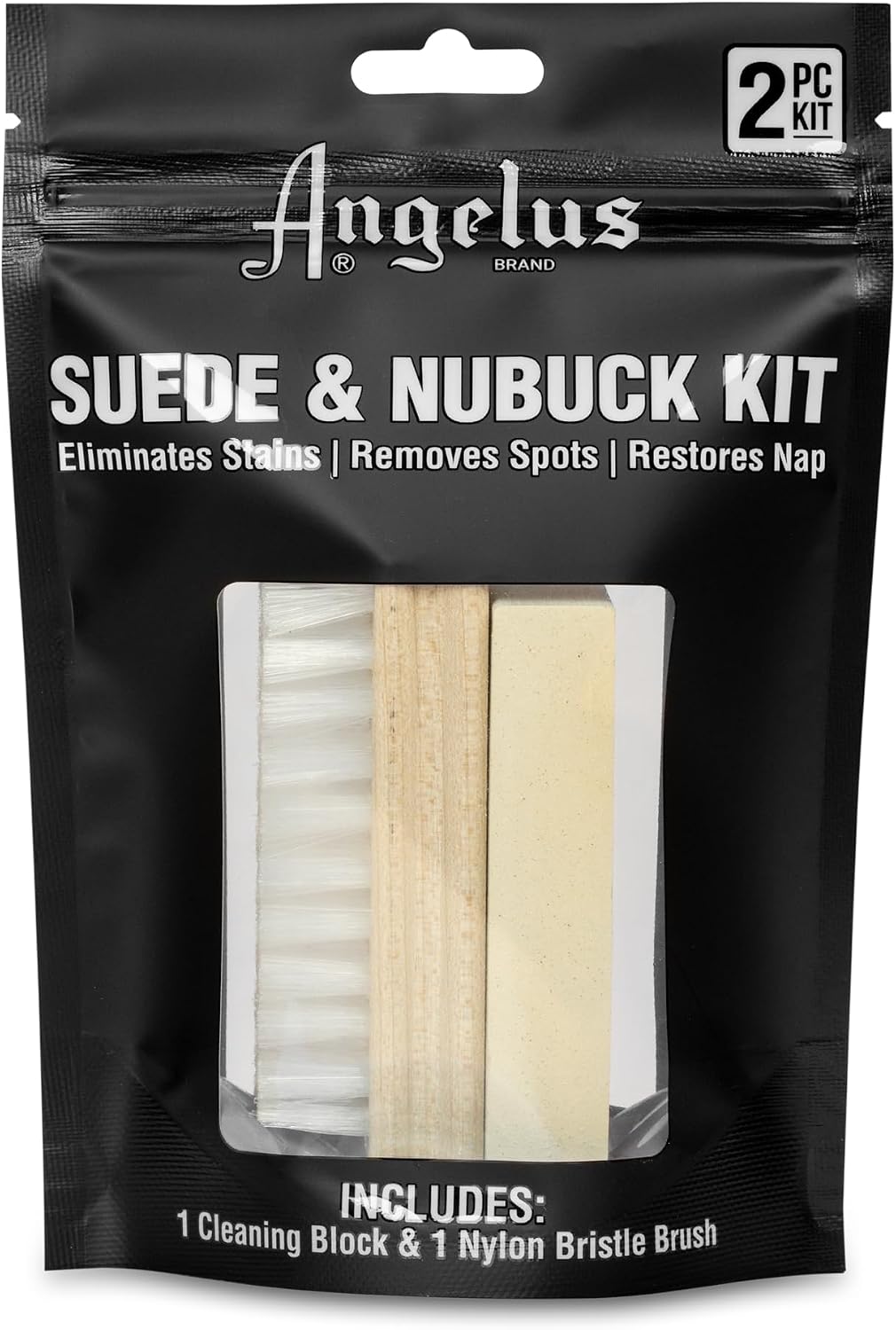 Angelus Suede & Nubuck Cleaner Kit - 1 Cleaning Eraser Block and 1 Nylon Bristle Brush - Eliminates Stains, Removes Spots