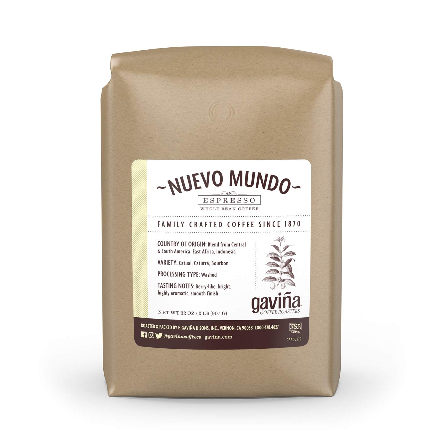 Gavina Old Havana Espresso Whole Bean Coffee, Medium-Dark Roast, 32 OZ Bag | Ideal for Espresso Machine, French Press & Drip Coffee Maker, 100% Arabica, Whole Bean for Fresh Grinding and Preferred Brew
