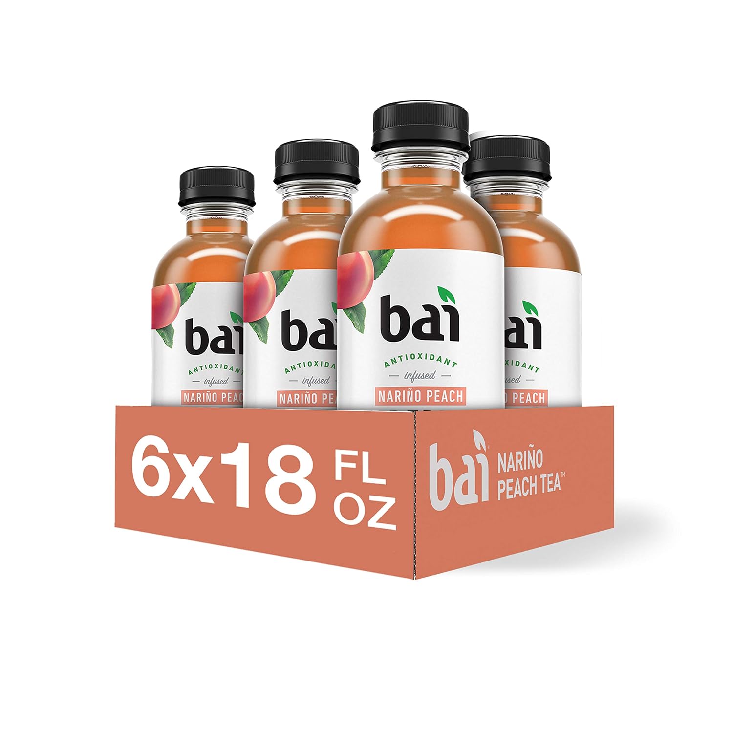 Bai Iced Tea, Narino Peach, Antioxidant Infused Supertea, Crafted with Real Tea (Black Tea, White Tea), 18 Fluid Ounce Bottles, 12 count