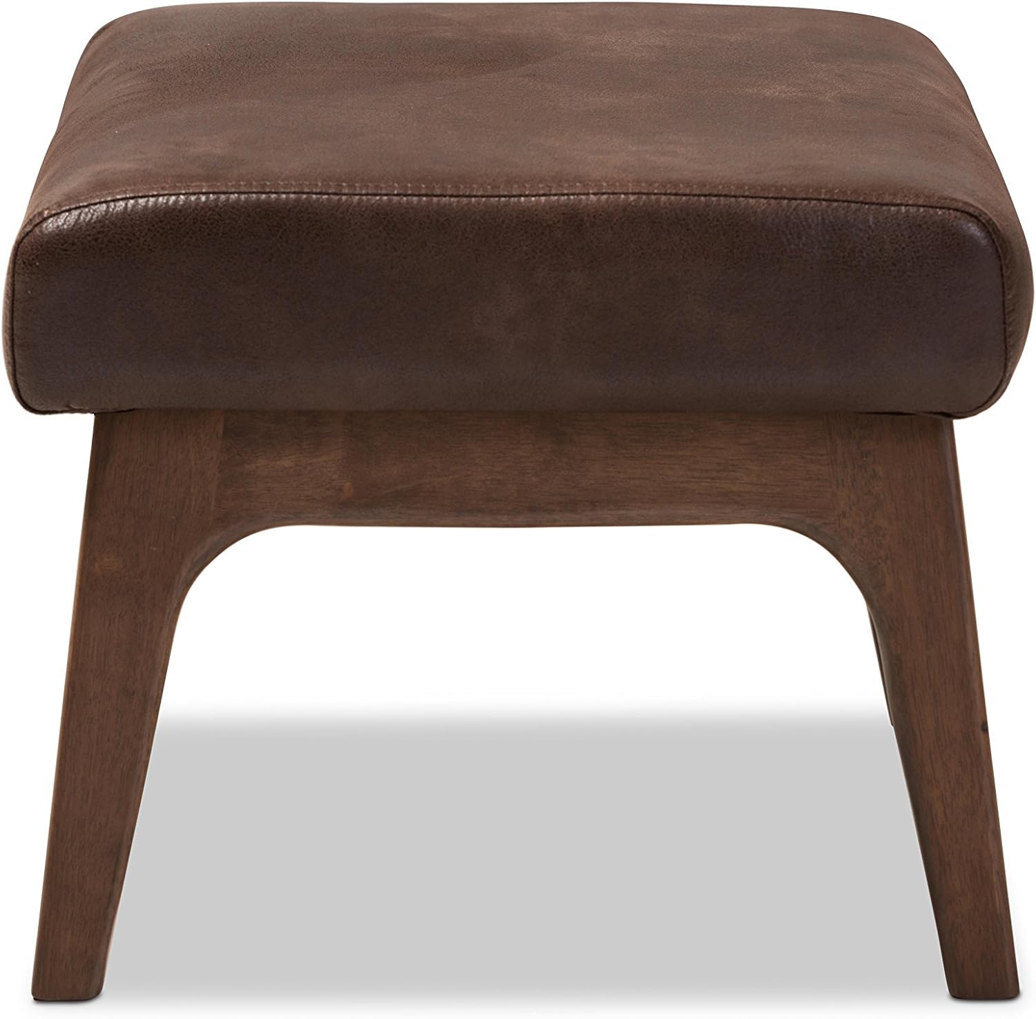 Baxton Studio Birk Mid-Century Modern Walnut Wood Dark Brown Distressed Faux Leather Ottoman