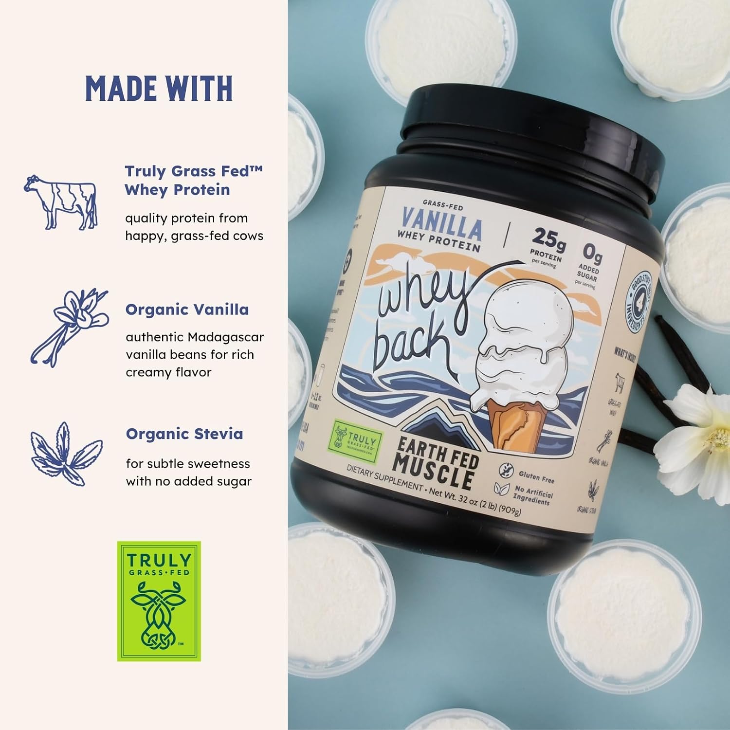 Earth Fed Muscle Whey Back Vanilla Irish Grass Fed Whey Protein Isolate | 25g protein per scoop, Third-Party Certified. Smooth vanilla, zero artificial sweeteners. Cold-processed in Ireland.