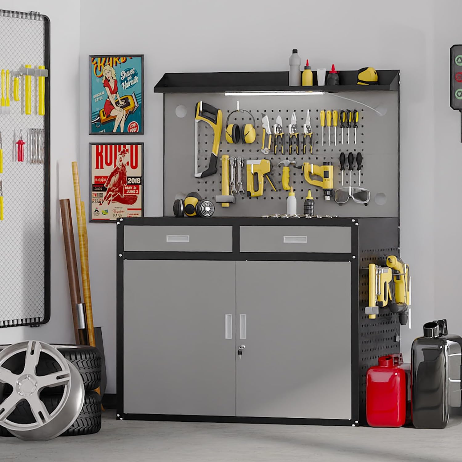 48" Heavy Duty Workbench with Drawers and Lockable Storage Cabinet- 2500 LBS Capacity Work Bench with Pegboard