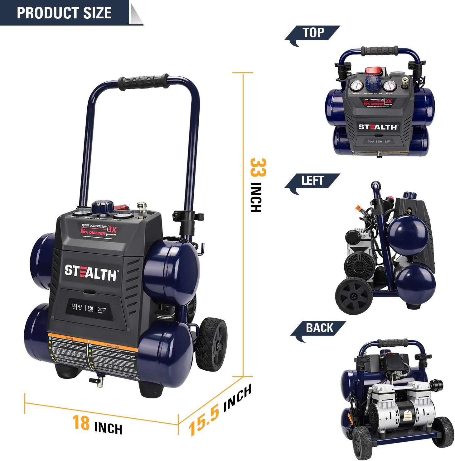Stealth Quiet Air Compressor with Wheel, 64 Decibel 4.5 Gallon Peak 1.3 HP Max 150 PSI, Oil-Free Air Pump