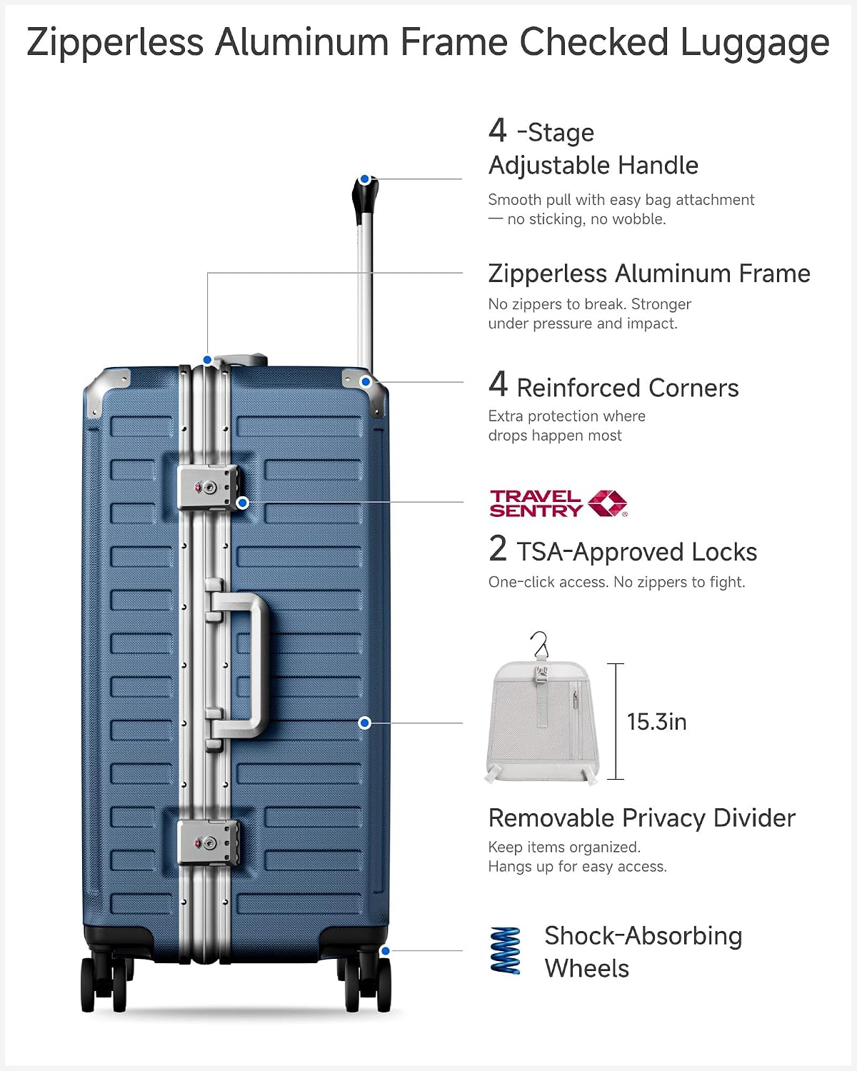 LUGGEX Zipperless Checked Suitcase, Aluminum Frame, Charcoal Metallic, 28" | Checked Luggage, 100% PC Hard Shell, 8010S Aluminum Frame, 8 Spinner Wheels, TSA Lock, Hard Shell, ZX-Core