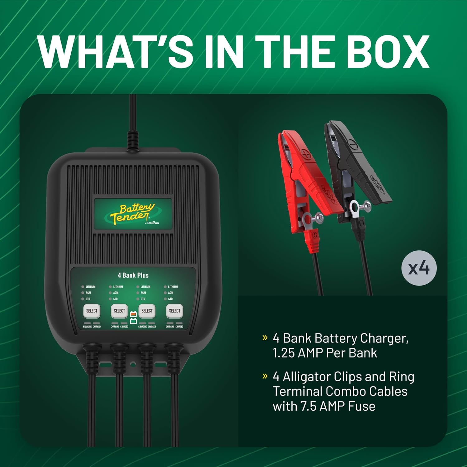 Battery Tender Plus 4 Bank Multibank Charger - 5 AMP (1.25 AMPs Per Bank) - Smart 12V Multi Battery Charger and Maintainer for Standard, AGM