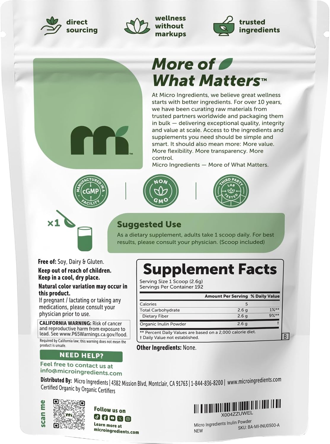 Micro Ingredients Organic Inulin FOS Fiber Powder, 2.2 lbs | Quick Water-Soluble Prebiotic | Natural Fiber for Smoothies & Drinks | Vegan Friendly, Dissolves Clear