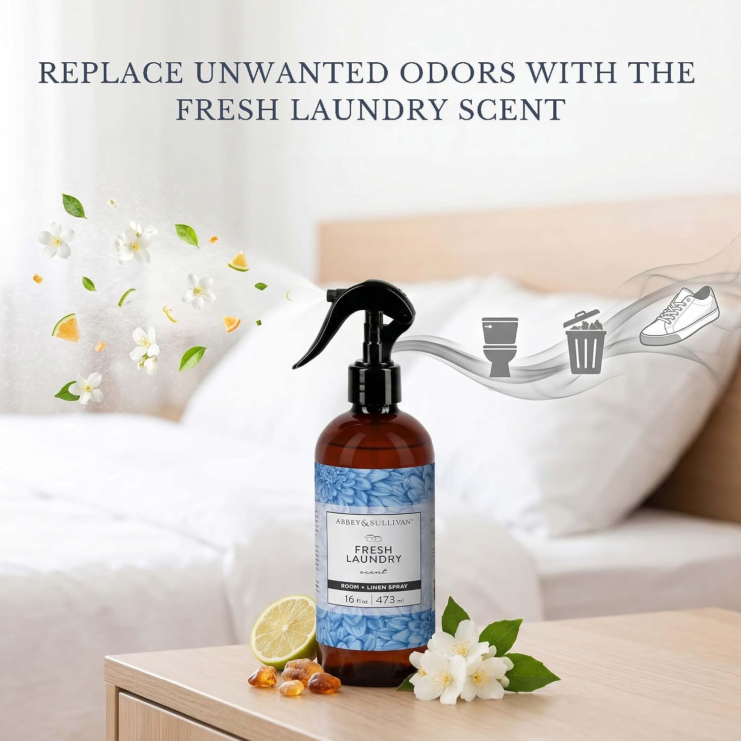 Abbey & Sullivan Odor Eliminating and Refreshing Linen and Room Spray, Fresh Laundry, 16 oz