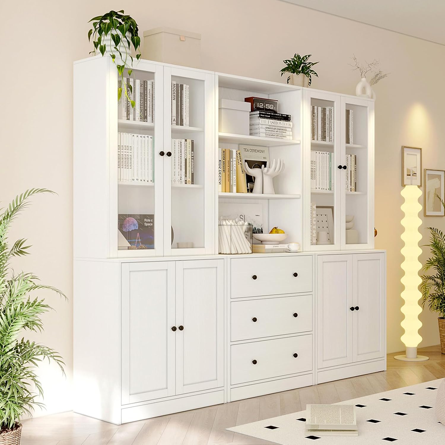 TUSY 71" H Bookcase with Storage | 6-Tier Modern Bookshelf with Drawers, Display Bookcase with Glass Doors, White Curio Cabinet for Home Office, Living Room