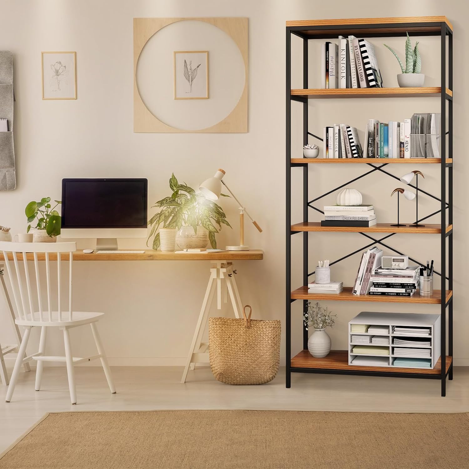 BATHWA Wood and Metal Minimalist 5 Tier Bookshelf, 6 feet Tall Open Rustic Wide Bookcase Industrial Style