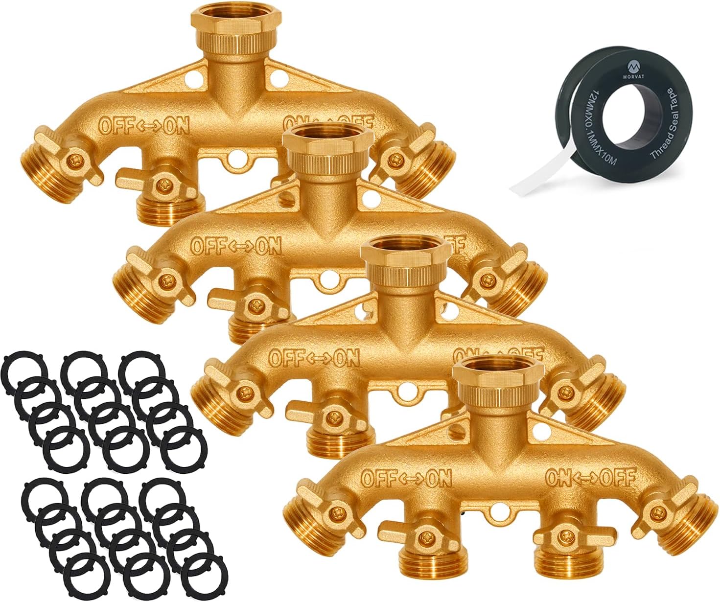 Brass Heavy-Duty Garden Hose Water Splitter | LEAD-FREE 2-Way Y Splitter for Water Spigot & Faucet | Manifold Connector ON/OFF Valves w/Improved Comfort Grip, 3 Extra Washers & Teflon Tape