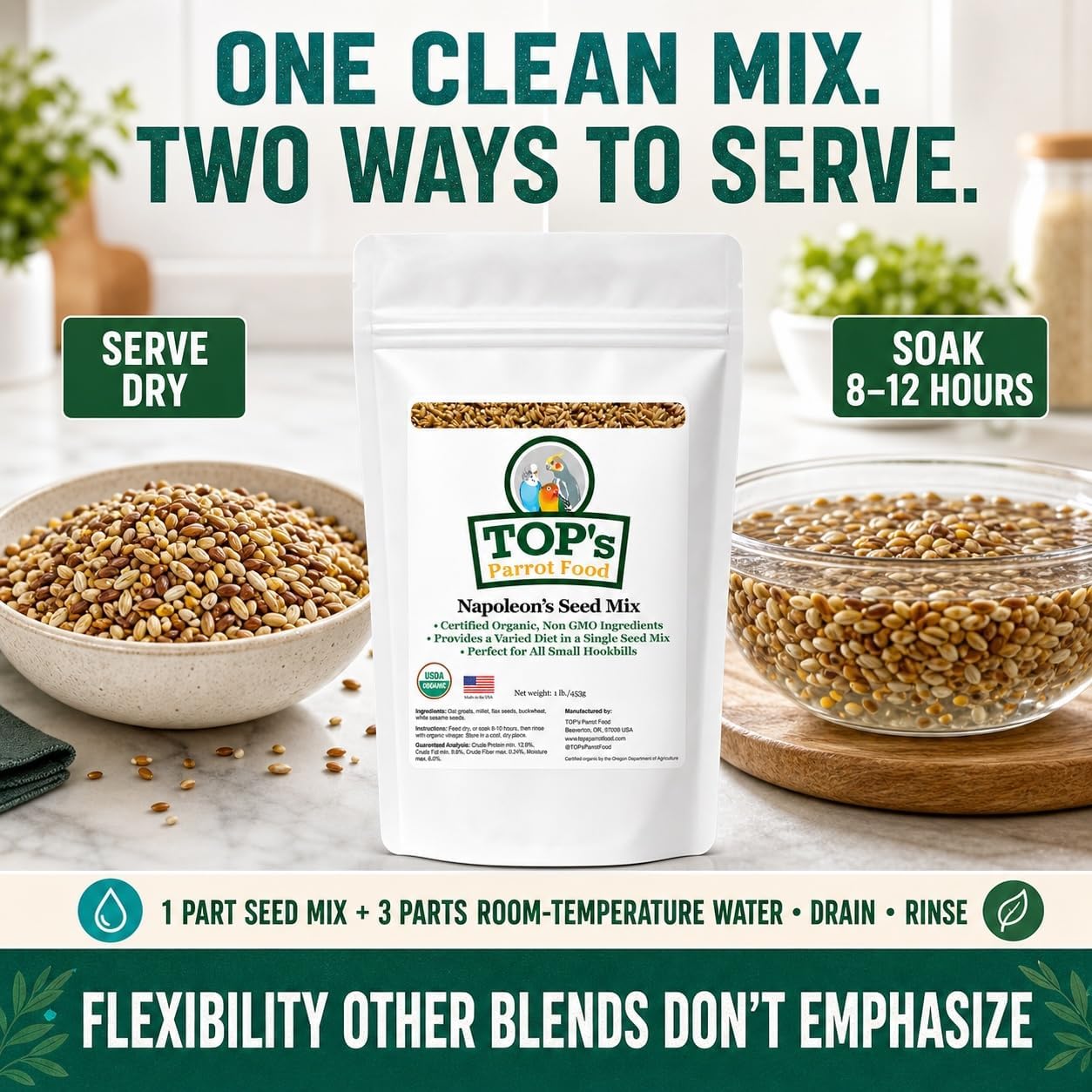 TOP's Napoleon's Seed Mix for All Small Hookbills, Non-GMO, Soy Free, Corn Free, USDA Organic Certified, 1 lb