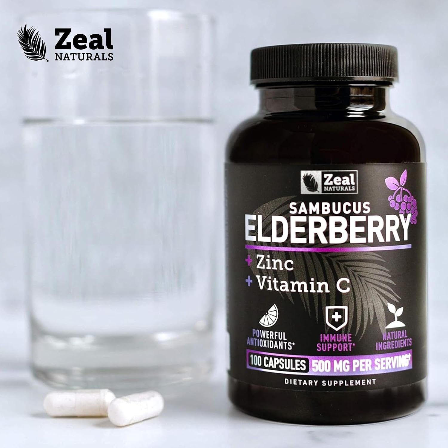 Zeal Naturals Max Strength Elderberry Capsules - 2000mg, 100 Capsules | Sambucus Black Elderberry, Vitamin C