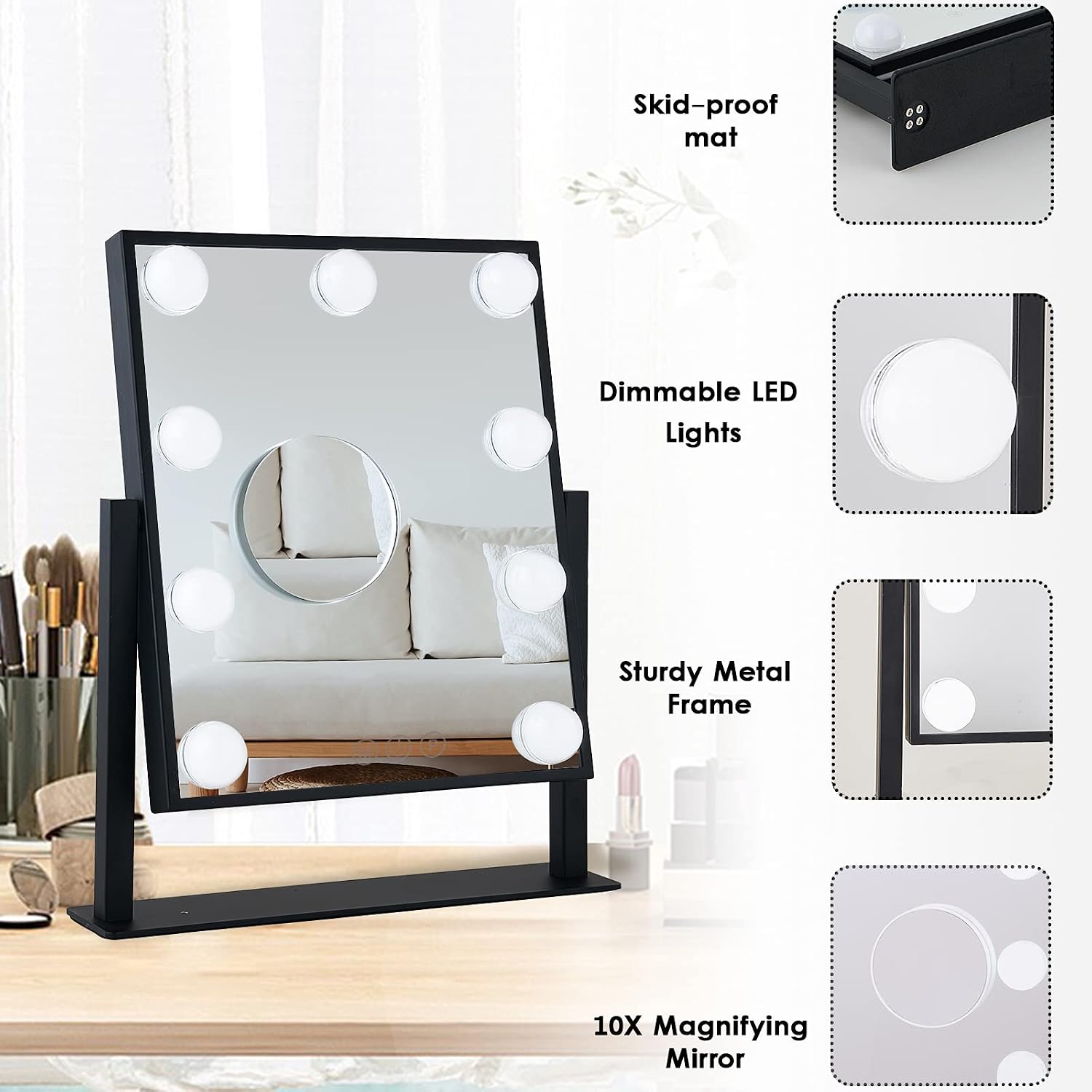 BWLLNI Lighted Makeup Mirror, White Vanity Mirror with Lights,9 LED Bulbs